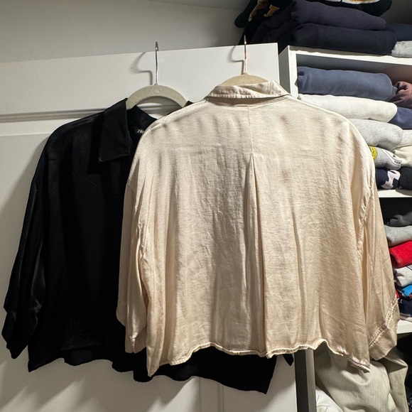 ZARA Cream and Black Satin Button-Up Crop Blouses - Picture 3 of 4
